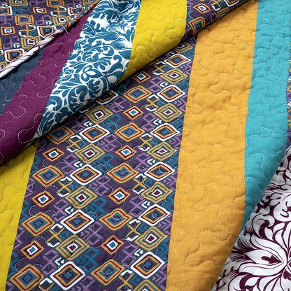 Lush Decor Boho Stripe Reversible Cotton Quilt 3-Piece Set, King, Plum & Yellow - Bold Colorful Bohemian Bedding Set