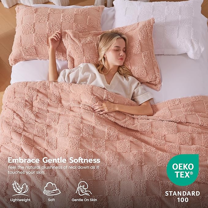 Joiedomi Tufted California King Comforter Set, 3 Pieces Coral Pink Boho California King Bedding Set with 1 Plaid Geometric Comforter and 2 Pillow Shams, Checkered Bed in a Bag for All Seasons