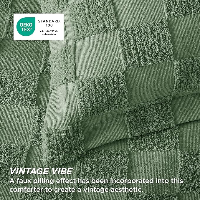 Bedsure Queen Size Comforter Set Green, Boho Tufted Bed Set, Checkered Farmhouse Shabby Chic Bedding, 3 Pieces, 1 Plaid Geometric Comforter and 2 Pillow Shams