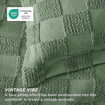 Bedsure King Size Comforter Set Green, Boho Tufted Bed Set, Checkered Farmhouse Shabby Chic Bedding, 3 Pieces, 1 Plaid Geometric Comforter and 2 Pillow Shams