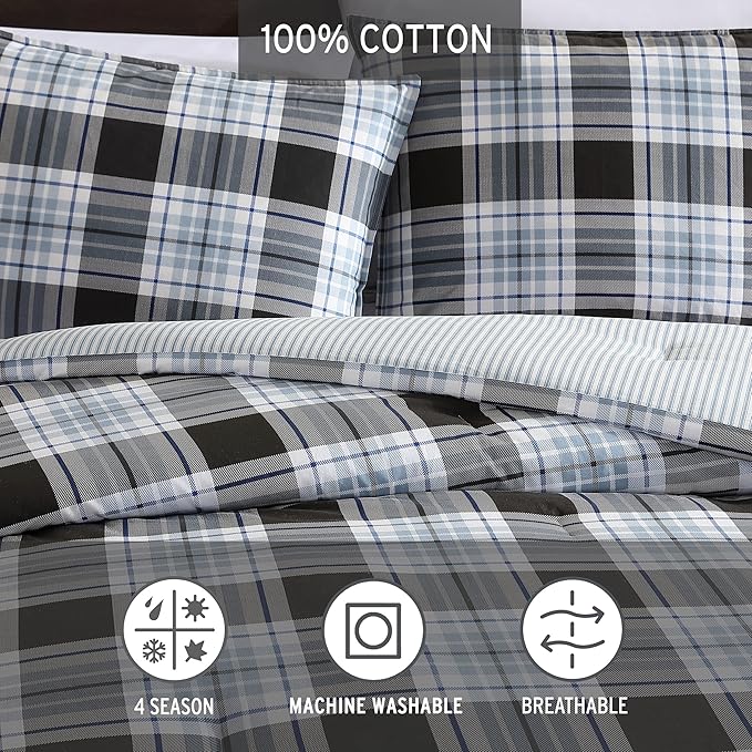 Eddie Bauer - Twin Comforter Set, Reversible Cotton Bedding with Matching Sham, Medium-Weight for Year Round Use, Dorm Essentials (Lewis Navy)