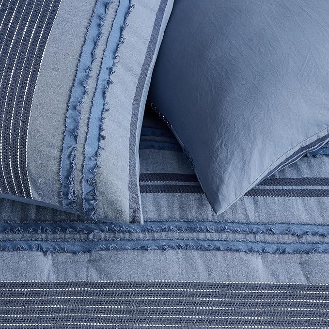 Wonderful Denim Blue Comforter Set Twin Size, Yarn Dyed Farmhouse Striped Cotton Boho Comforter with Pillow Shams, Fluffy Bedding Set for All Season