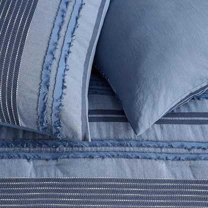 Wonderful Denim Blue Comforter Set Twin Size, Yarn Dyed Farmhouse Striped Cotton Boho Comforter with Pillow Shams, Fluffy Bedding Set for All Season
