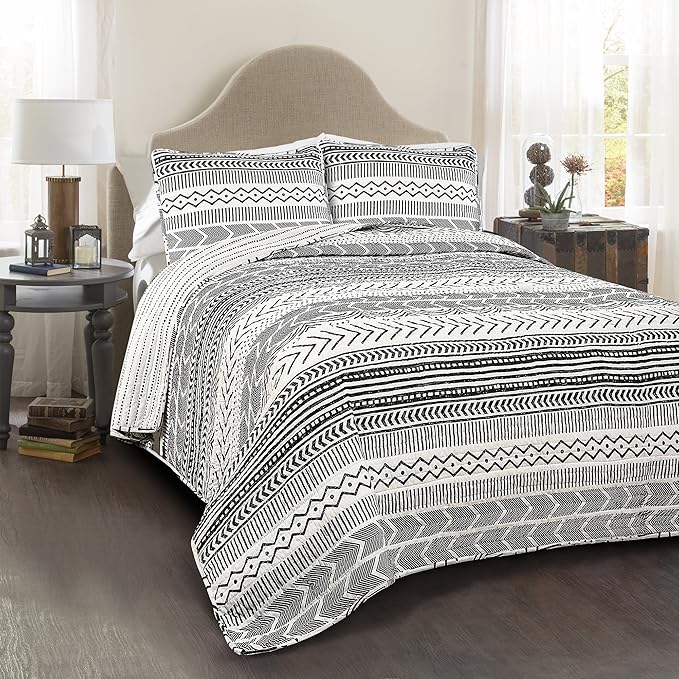 Lush Decor Hygge Geo Pattern Striped 3 Piece Quilt Bedding Set, Full/Queen, Black & White