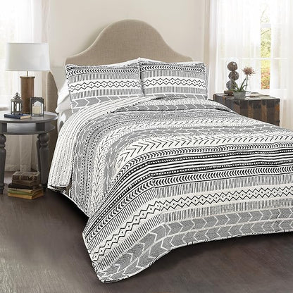 Lush Decor Hygge Geo Pattern Striped 3 Piece Quilt Bedding Set, Full/Queen, Black & White