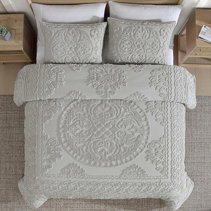 Beatrice Home Fashions Medallion Tufted Chenille Comforter 3-Piece Set, Cotton, All Season Cozy Bedding, King, Gray