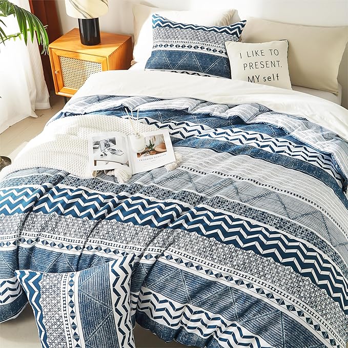 BOLINLIVING Comforter Set Full Size, Boho Bed in a Bag 3 Pieces, Full Soft Bohomian Comforter Set, Lightweight Breathable for All Seasons,1 Comforter & 2 Pillowcases (Blue 79×90 inch)