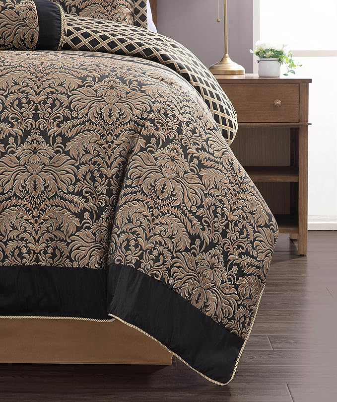 Chezmoi Collection 7-Piece Black/Gold Diamond Floral Medallion Jacquard Woven Comforter Set, Oversized King