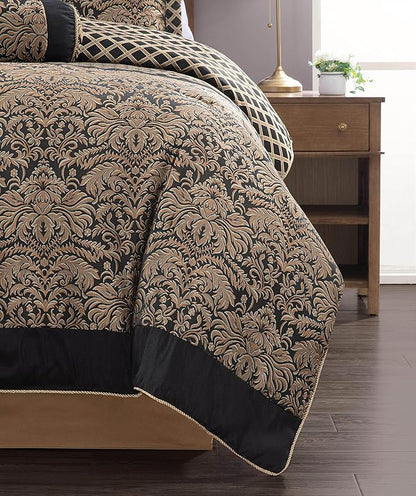 Chezmoi Collection 7-Piece Black/Gold Diamond Floral Medallion Jacquard Woven Comforter Set, Oversized King