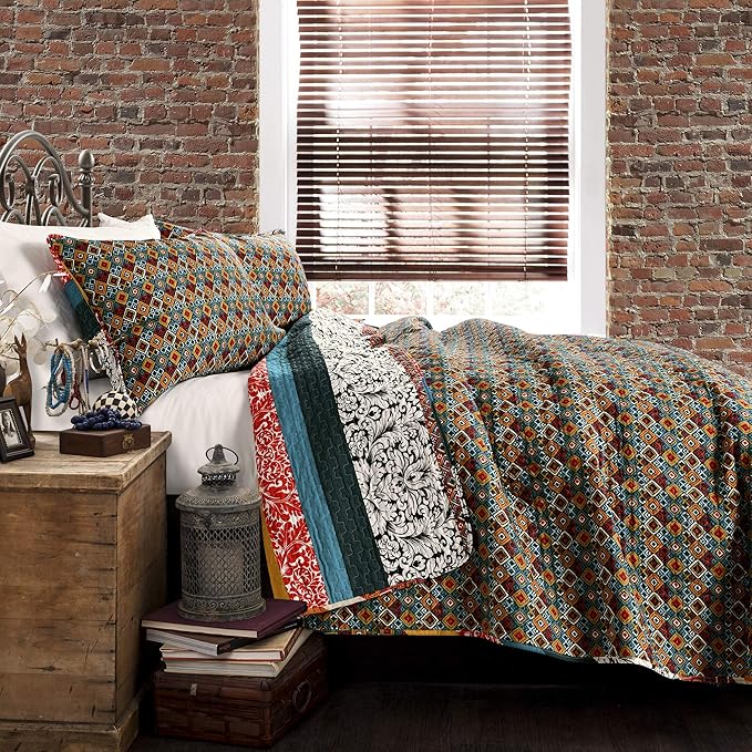 Lush Decor Boho Stripe Reversible Cotton Quilt 3-Piece Set, Full/ Queen, Turquoise & Tangerine - Bold Colorful Bohemian Bedding Set