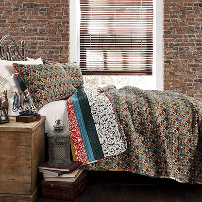 Lush Decor Boho Stripe Reversible Cotton Quilt 3-Piece Set, Full/ Queen, Turquoise & Tangerine - Bold Colorful Bohemian Bedding Set
