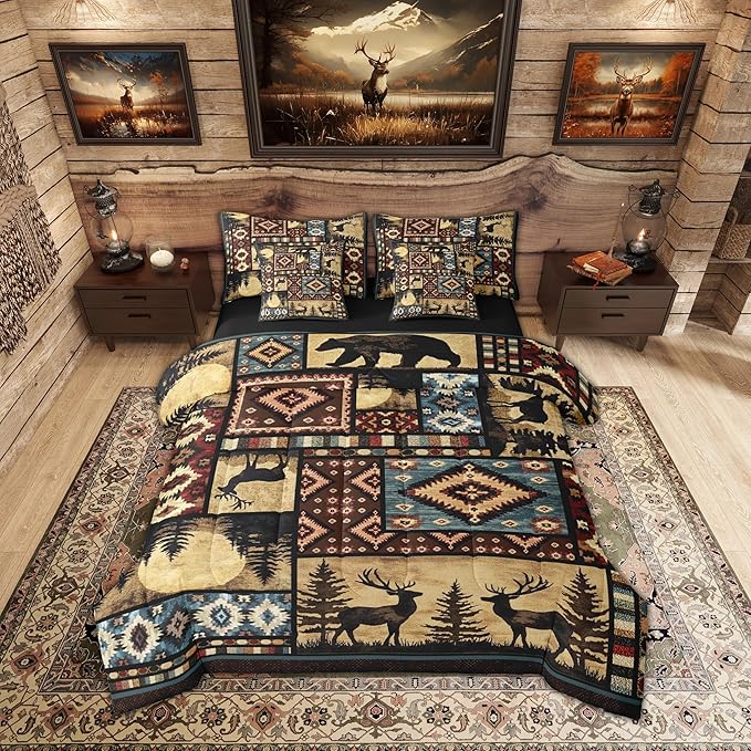Erosebridal Rustic Bear 7 Piece Comforter Set Full Bed in a Bag,Buffalo Plaid Grid Bedding,Hunting Deer Farmhouse Cabin Decor Quilt,Retro Southwest Aztec Bed Set,Tribal Sheets,Brown Red