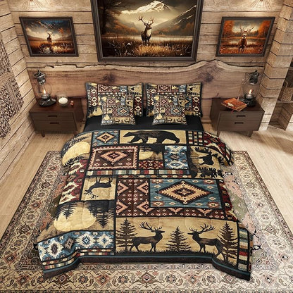 Erosebridal Rustic Bear 7 Piece Comforter Set Full Bed in a Bag,Buffalo Plaid Grid Bedding,Hunting Deer Farmhouse Cabin Decor Quilt,Retro Southwest Aztec Bed Set,Tribal Sheets,Brown Red