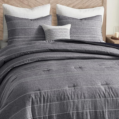 Wonderful Denim Navy Comforter Set King Size, Yarn Dyed Farmhouse Striped Linen Blended Lightweight Comforter with Pillow Shams, Blue Gray Fluffy Cabin Bedding Set for All Season
