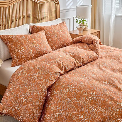 Ultra Soft 3 Pieces Floral Comforter Set, 68x90 Warm Lightweight Bedding Set with 2 Pillowcases Burnt Orange Alternative Botanical Comforter Set Gifts for Girls, Men, Twin XL