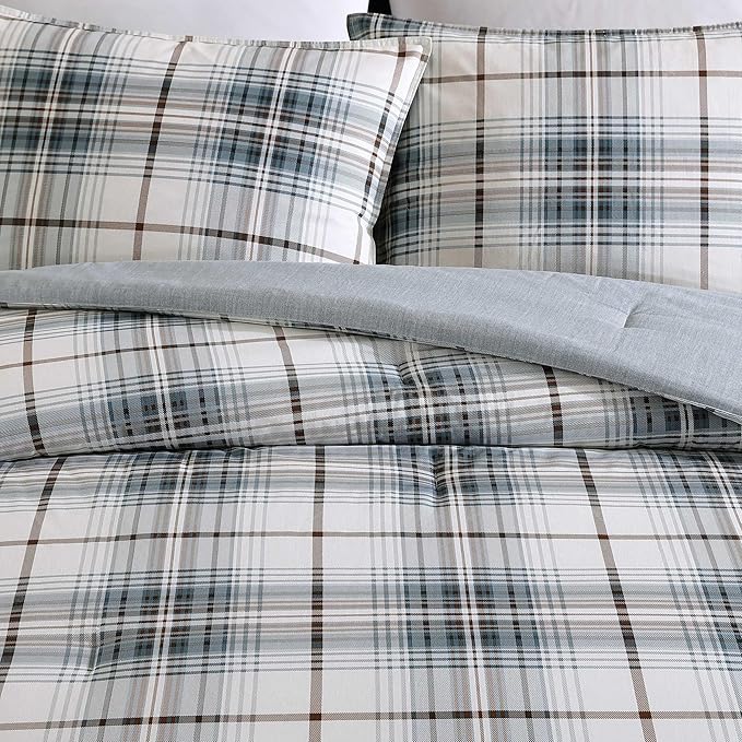 Eddie Bauer - King Comforter Set, Reversible Cotton Bedding with Matching Shams, Plaid Home Decor (Alder Blue/Grey, King)