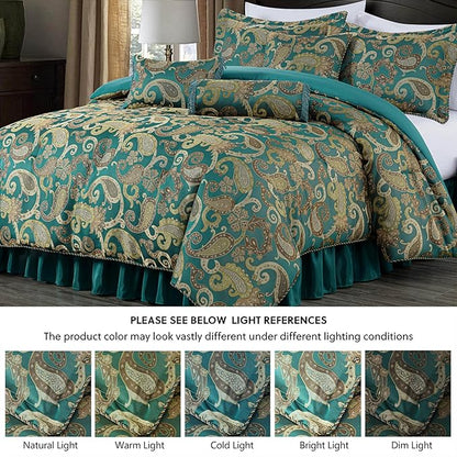 Chezmoi Collection Adelle 7-Piece Paisley Jacquard Embroidered Comforter Bedding Set, Queen, Teal