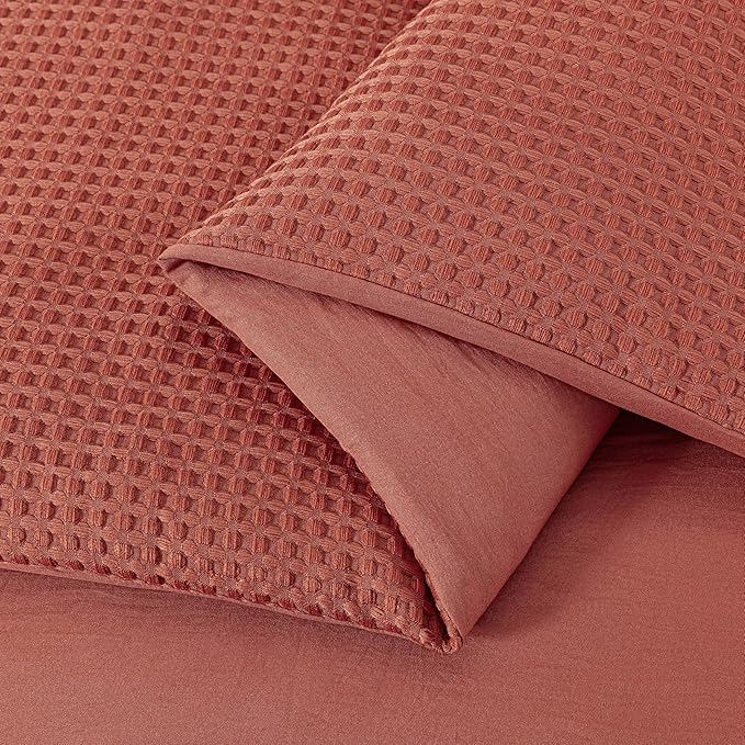 Chezmoi Collection Wilmer 3-Piece Oversized King Comforter Set, Terracotta, Soft and Cozy Lightweight Waffle Weave Comforter Bedding for All Season