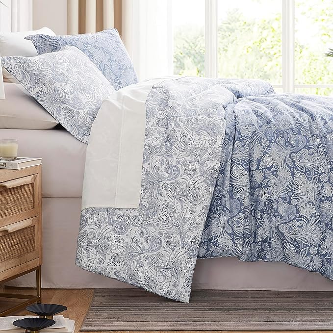 Southshore Fine Living, Inc. Oversized King Comforter Bed Set, Down Alternative Paisley Bedspread, Reversible Bedding Sets, California King Sized Comforter & Matching Shams, Blue/White