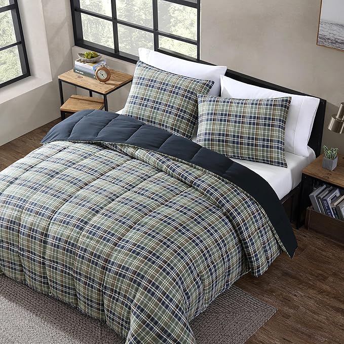 Eddie Bauer - King Comforter Set, Reversible Plaid Alt Down Bedding with Matching Shams, Cozy Home Decor for Colder Months, Oeko-Tex Certified (Rugged Navy, King)