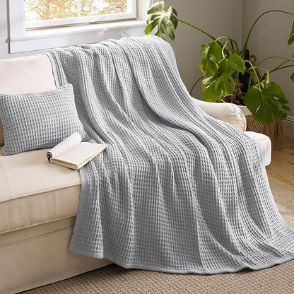 Bedsure 5 PCS Cotton Comforter Set with Waffle Throw Blanket - Soft Breathable Bedding Set for All Seasons, Dark Grey Comforter Full Size, Pillow Shams, Grey 100% Cotton Blanket, Throw Pillow