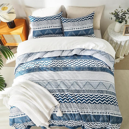 BOLINLIVING Comforter Set Queen Size, Boho Bed in a Bag 3 Pieces, Queen Soft Bohomian Comforter Set, Lightweight Breathable for All Seasons,1 Comforter & 2 Pillowcases (Blue 90×90 inch)