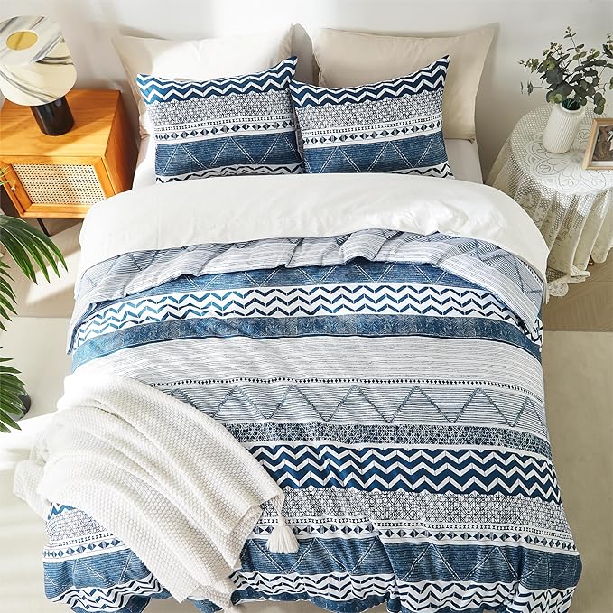 BOLINLIVING Comforter Set King Size, Boho Bed in a Bag 3 Pieces, Soft Bohomian Comforter Set, Lightweight Breathable for All Seasons,1 Comforter & 2 Pillowcases (Blue 104×90 inch)