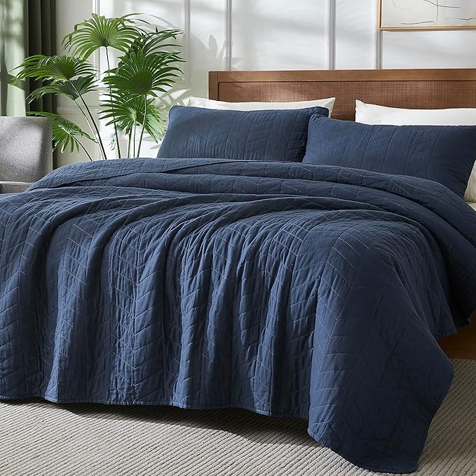 palassio Navy Blue Cotton Quilt Queen Size Bedding Sets with Pillow Shams, Lightweight Soft Bedspread Coverlet, Quilted Comforter Bed Cover for All Season, 3 Pieces, 90x96 inches