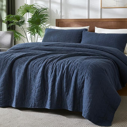 palassio Navy Blue Cotton Quilt King Size Bedding Sets with Pillow Shams, Lightweight Soft Bedspread Coverlet, Quilted Comforter Bed Cover for All Season, 3 Pieces, 106x96 inches