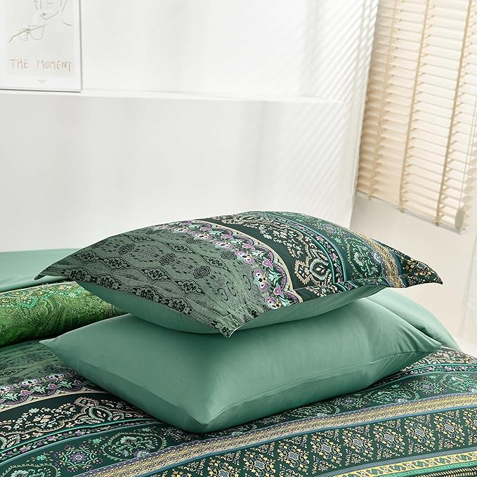 Boho Green Comforter Set Full Size,8 Piece Bed in a Bag Bohemian Striped Bedding Quilt Set,Dark Green Paisley Floral Comforter and Sheet Set,Soft Microfiber Complete Bedding Sets for All Season
