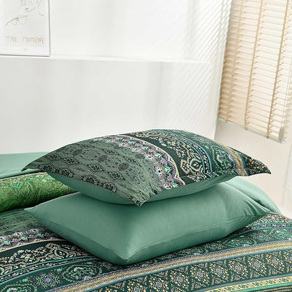 Boho Green Comforter Set King Size,8 Piece Bed in a Bag Bohemian Striped Bedding Quilt Set,Dark Green Paisley Floral Comforter and Sheet Set,Soft Microfiber Complete Bedding Sets for All Season
