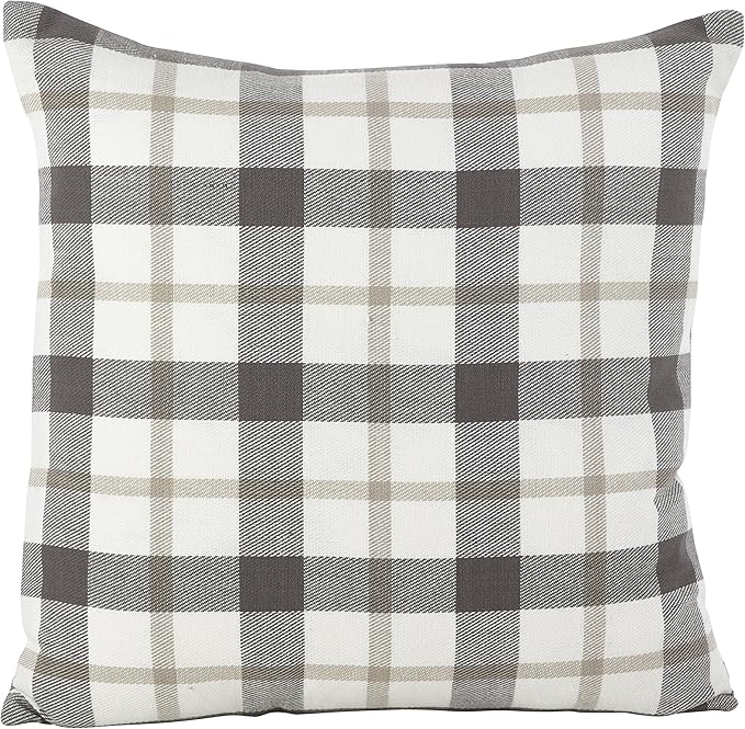 SARO LIFESTYLE Classic Plaid Pattern Cotton Down Filled Throw Pillow, 20" x 20", Grey