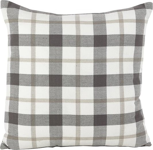 SARO LIFESTYLE Classic Plaid Pattern Cotton Down Filled Throw Pillow, 20" x 20", Grey