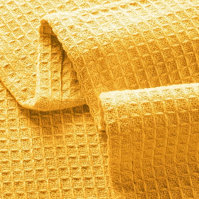 GLAMBURG 100% Cotton Thermal Bed Blanket, Breathable Waffle Blanket, Queen Size, All Season, Mustard Yellow