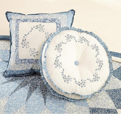 Modern Heirloom Blue Floral Embroidered Round Decorative Pillow, 14" Round