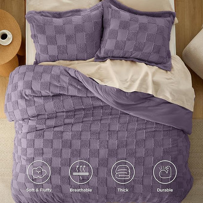 Bedsure King Size Comforter Set Grayish Purple, Boho Tufted Bed Set, Checkered Farmhouse Shabby Chic Bedding, 3 Pieces, 1 Plaid Geometric Comforter and 2 Pillow Shams
