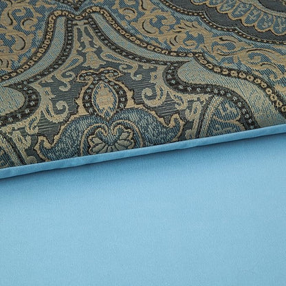 Chezmoi Collection Pierre Comforter Set Queen Size, 7-Piece Blue Gold Medallion Paisley Jacquard Bedding Set
