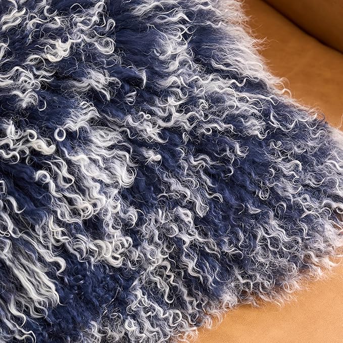 Genuine Mongolian Lamb Fur Pillow Cover – 12"x20" Rectangular Cushion Case – Soft Curly Wool Decorative Accent for Sofa, Bed, or Chair (Frosted Blue)