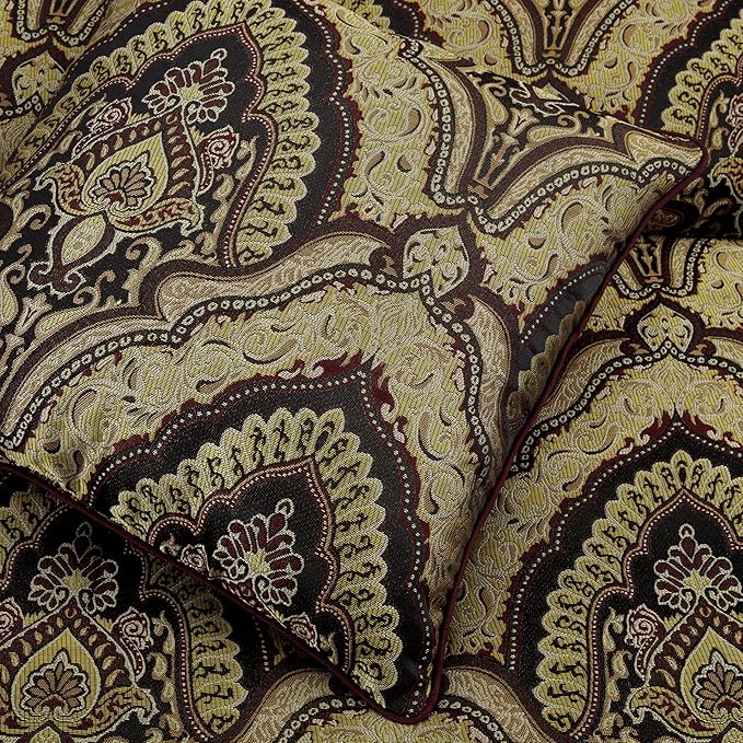Chezmoi Collection Pierre Comforter Set King Size, 7-Piece Burgundy Black Gold Medallion Paisley Jacquard Bedding Set