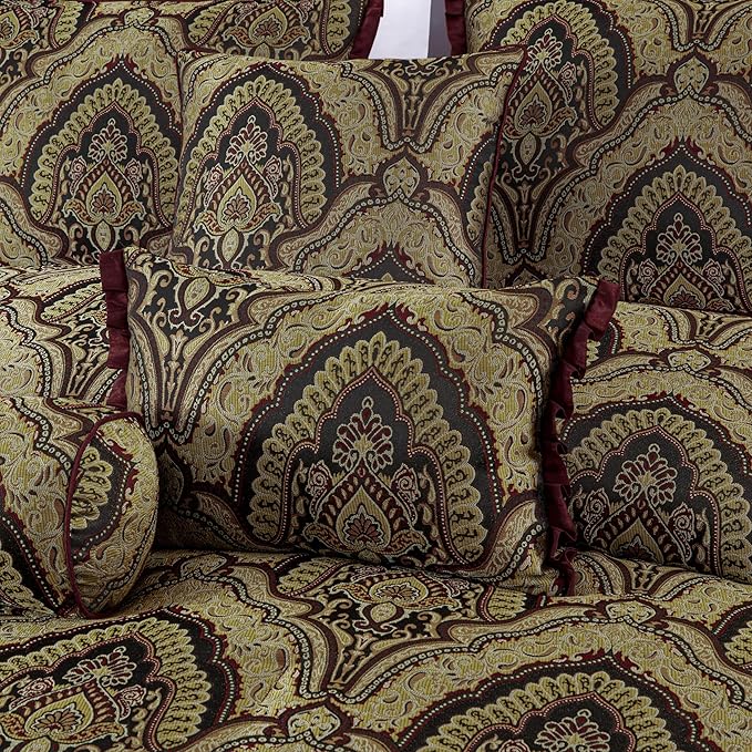 Chezmoi Collection Pierre Comforter Set King Size, 7-Piece Burgundy Black Gold Medallion Paisley Jacquard Bedding Set
