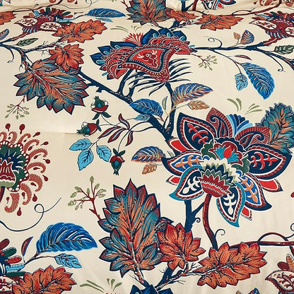 Chezmoi Collection Azura 3-Piece Floral Comforter Set King - Multicolor Blue Red Orange Cream Printed Microfiber Lightweight Bedding Set for All Season