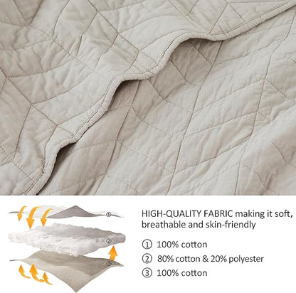 palassio Beige Cotton Quilt Queen Size Bedding Sets with Pillow Shams, White Lightweight Soft Bedspread Coverlet, Tan Cream Quilted Comforter Bed Cover for All Season, 3 Pieces, 90x96 inches
