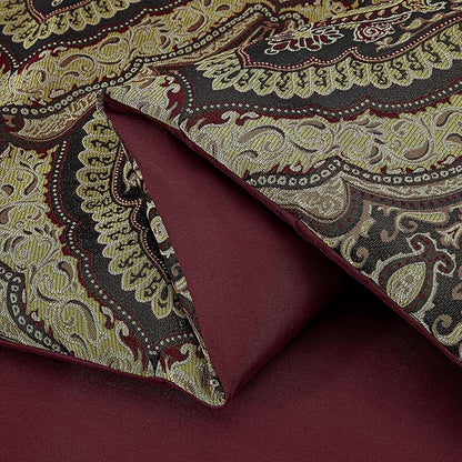 Chezmoi Collection Pierre Comforter Set King Size, 7-Piece Burgundy Black Gold Medallion Paisley Jacquard Bedding Set