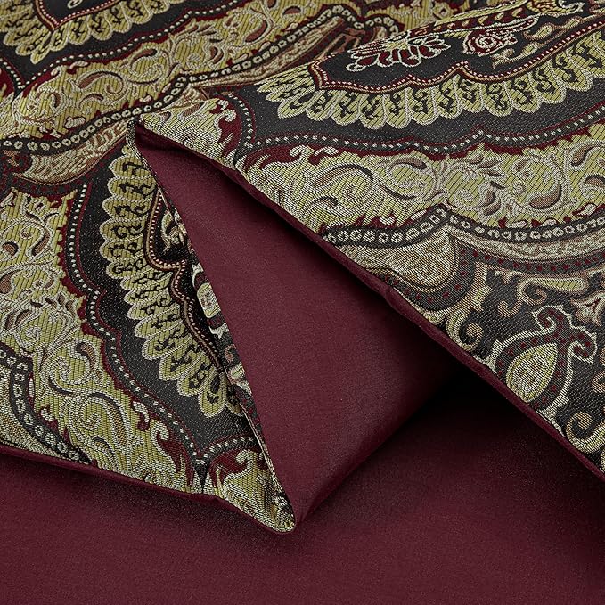 Chezmoi Collection Pierre Comforter Set Oversized King Size, 7-Piece Burgundy Black Gold Medallion Paisley Jacquard Bedding Set