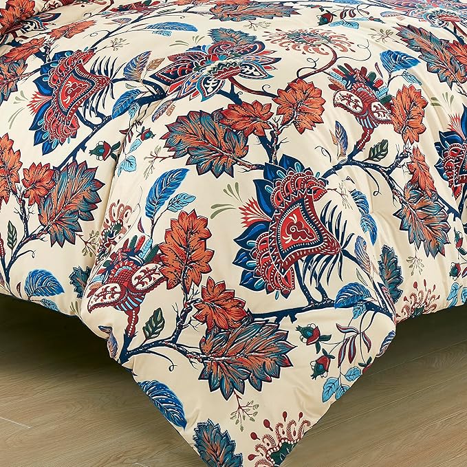 Chezmoi Collection Azura 3-Piece Floral Comforter Set Full - Multicolor Blue Red Orange Cream Printed Microfiber Lightweight Bedding Set for All Season