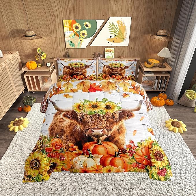 Autumn Theme King Size Comforter/Duvet Set,Highland Cattle Ultra Soft Bed Collection,Sunflower Pumpkin Maple Leaf Bedding for Room Decor 3 Pcs,Microfiber Breathable