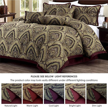 Chezmoi Collection Pierre Comforter Set Oversized King Size, 7-Piece Burgundy Black Gold Medallion Paisley Jacquard Bedding Set