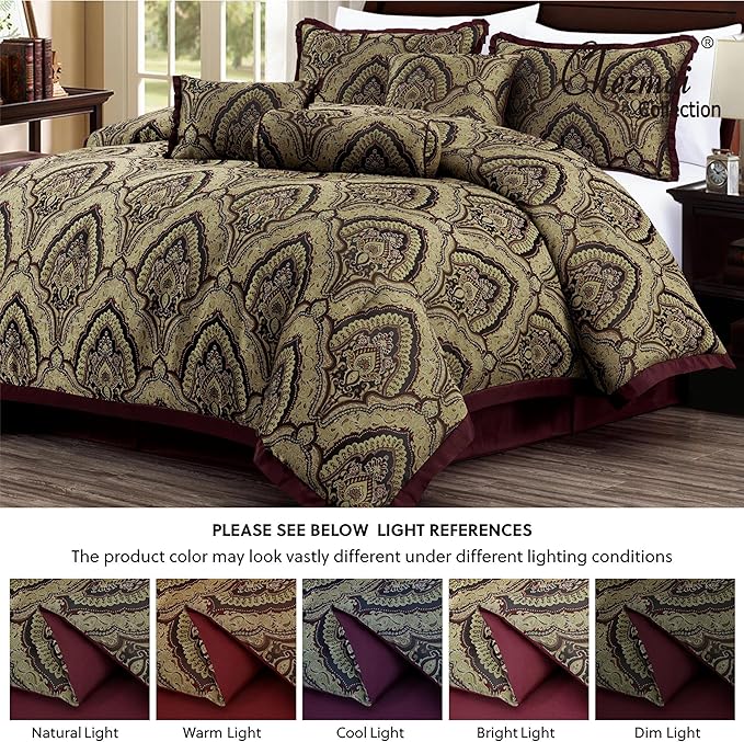 Chezmoi Collection Pierre Comforter Set California King Size, 7-Piece Burgundy Black Gold Medallion Paisley Jacquard Bedding Set