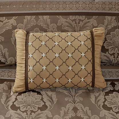 Madison Park Bellagio Cozy Comforter Set - Luxurious Jaquard Traditional Damask Design, All Season Down Alternative Bedding with Matching Shams, Decorative Pillow, King(104"x92"), Brown/Gold 7 Piece