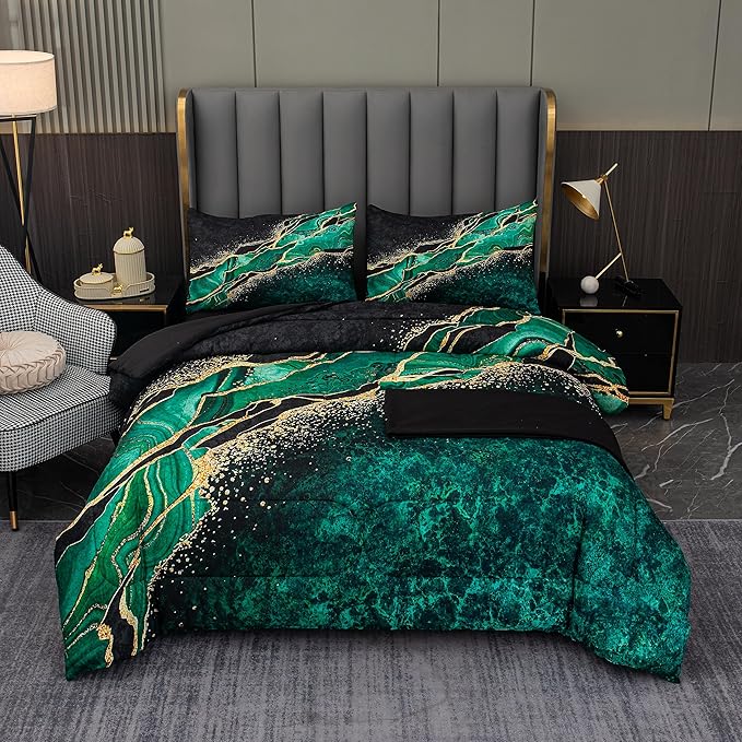 Tailor Shop 5Pcs Marble Green Comforter Set Queen Size for Women Adults Black Green and Gold Marble Bedding Sets Bed in a Bag (1 Comforter, 1 Flat Sheet, 1 Fitted Sheet, 2 Pillowcases)